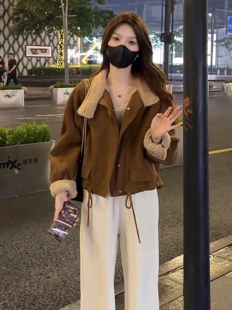 短款加绒加厚麂皮绒外套女冬装新款2024年韩版小个子宽松休闲上衣
