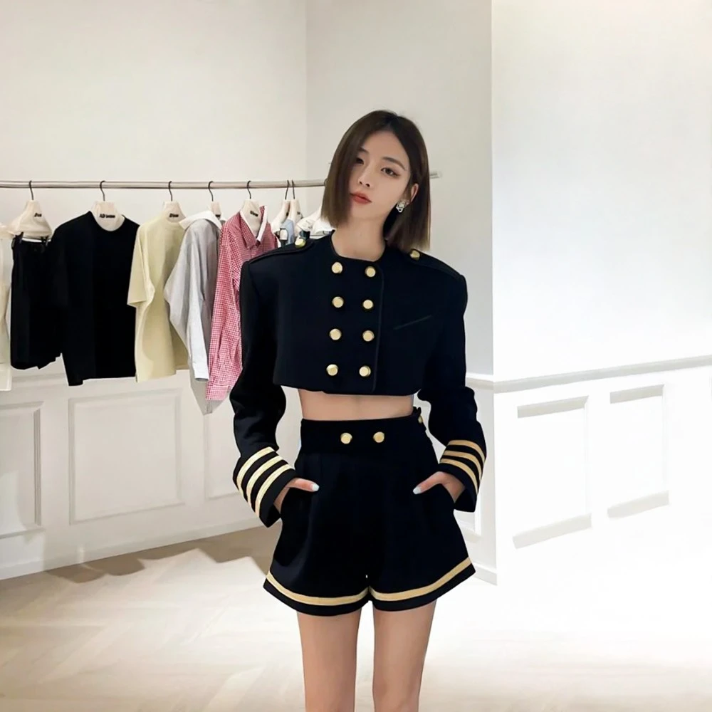 春秋新款黑色双排扣小香风辣酷高腰短款气质金边两件套裤