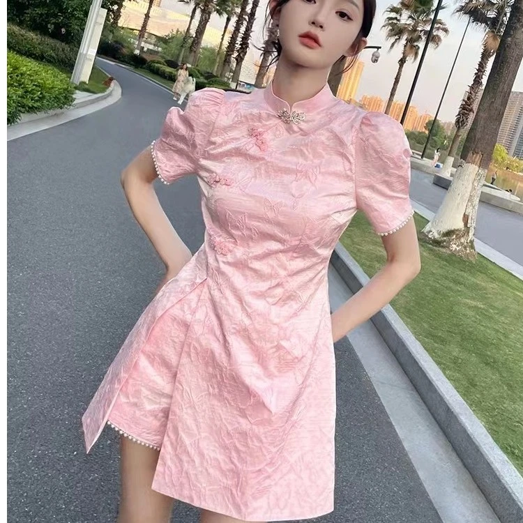 索雪儿夏季新款粉色开叉旗袍两件套