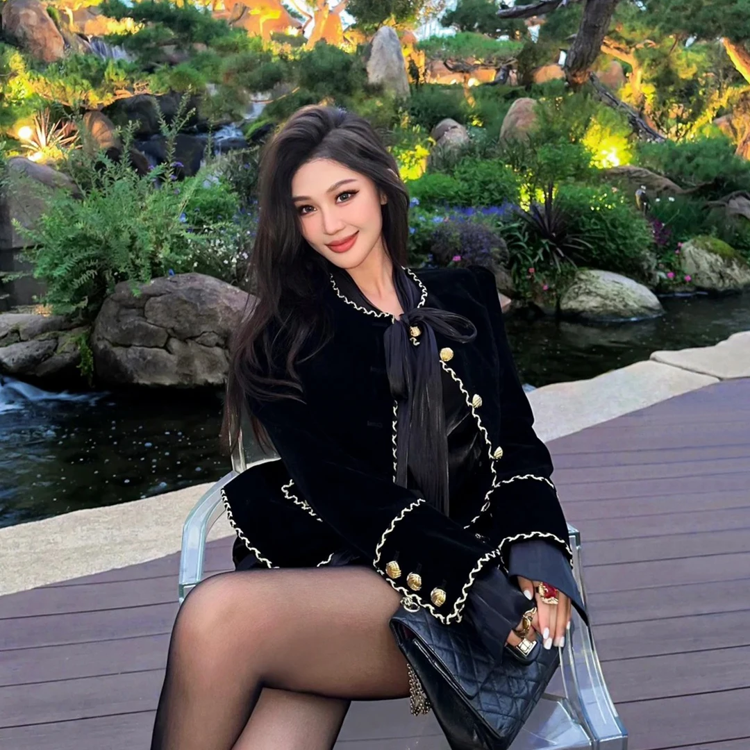 索雪儿秋冬新款黑色金边丝绒小香风复古收腰气质圆领单排扣套装