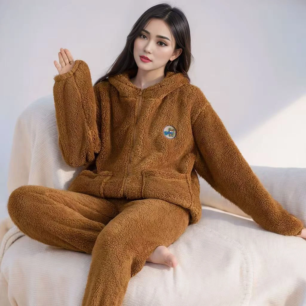 冬季睡衣女款珊瑚绒加绒加厚连帽可爱小熊秋冬款拉链法兰绒家居服
