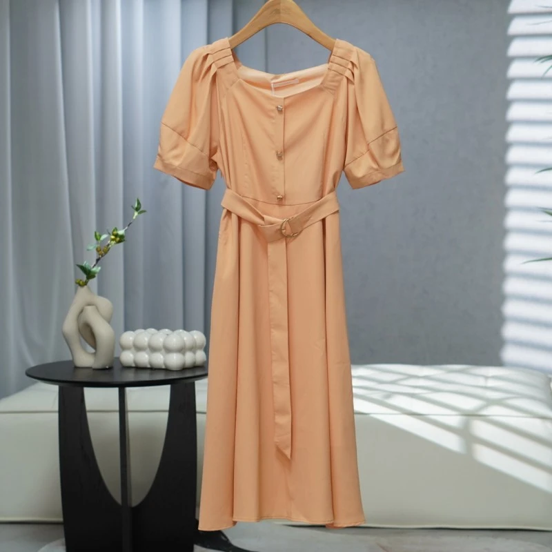 咏系列  Z1045   女装时尚撤柜短袖连衣裙桔色