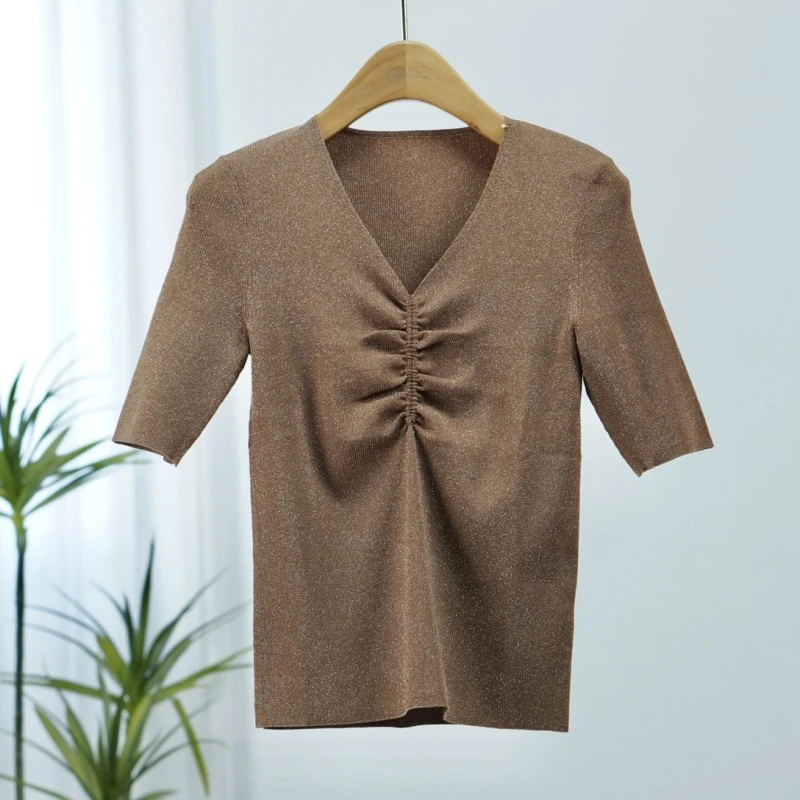 朗系列  Z1339   女装时尚撤柜细闪V领针织衫咖色