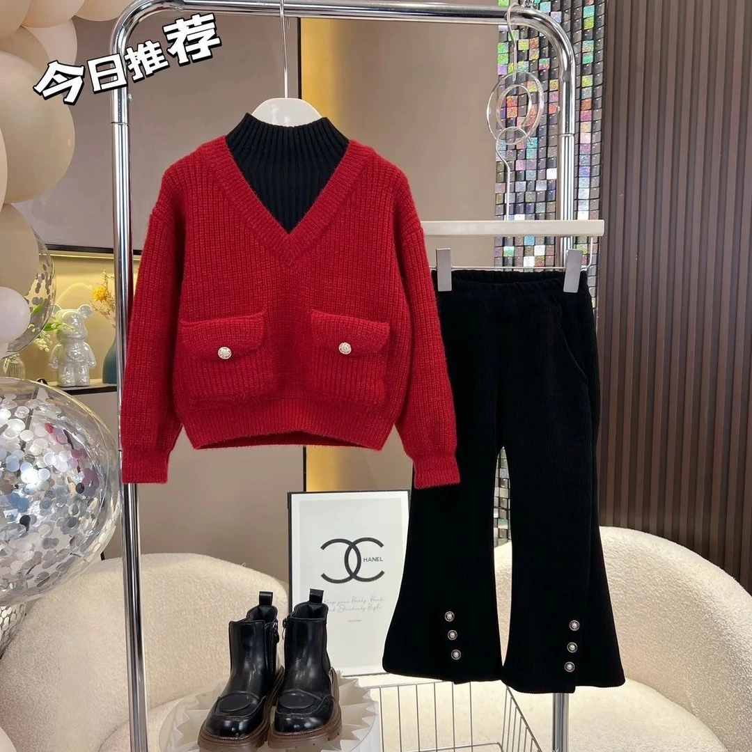 女童红色毛衣儿童秋冬时髦毛衣2024新款爆款网红时尚宝宝针织上衣