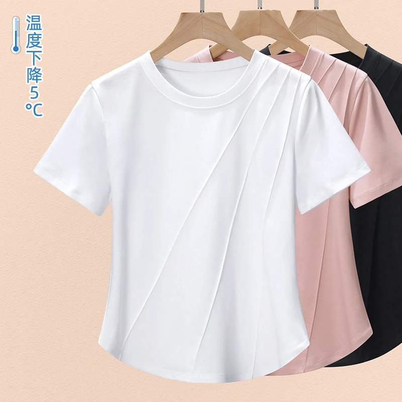 白色简约高品质丝光棉凉感短袖t恤女2025夏季新款正肩百搭上衣
