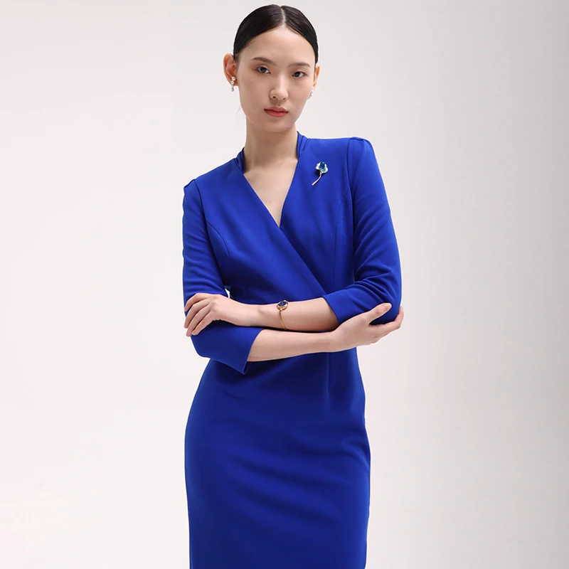 BRANDBYMEI职场精英女性基本款干练合体剪裁克莱因蓝七分袖连衣裙