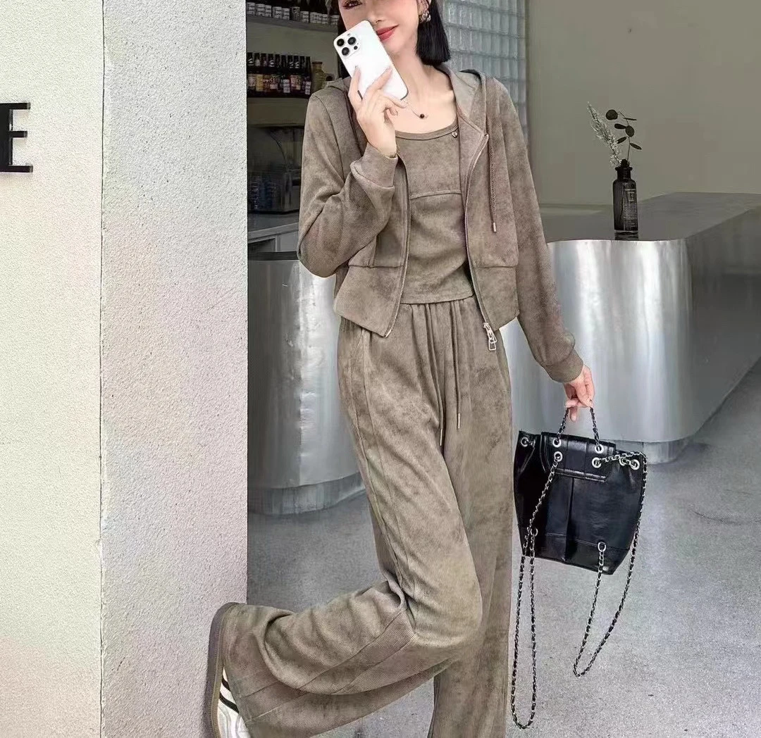 1087 秋装新品休闲带帽三件套套裤套装显瘦减龄洋气长袖早秋女神