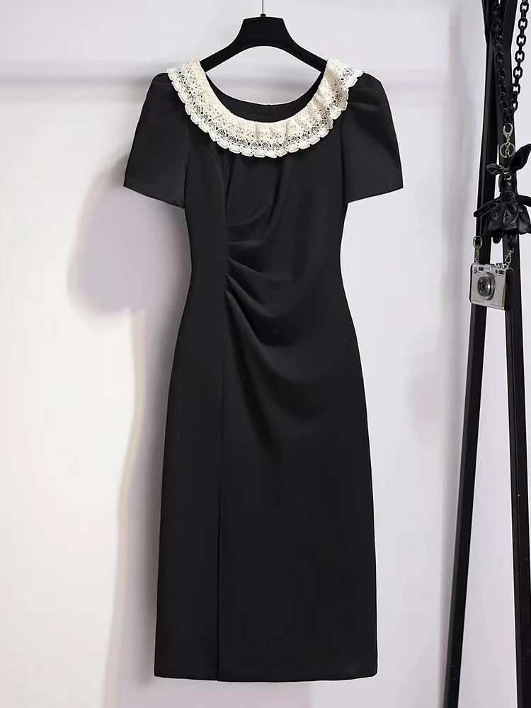 短袖设计感开叉显瘦连衣裙女2024夏季法式赫本风蕾丝方领裙子6020