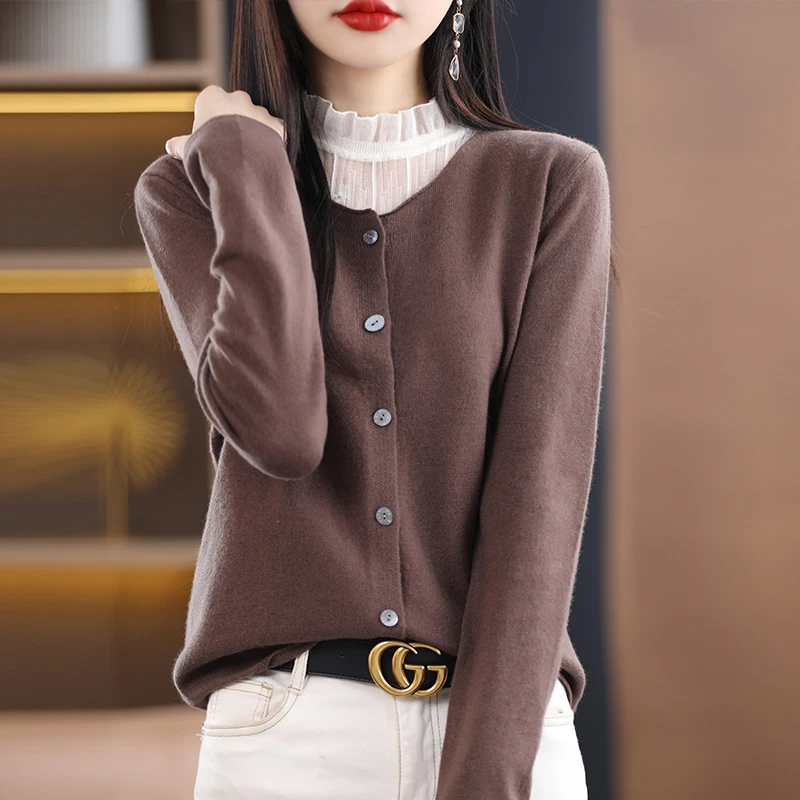 春秋100%纯羊毛开衫女薄款针织外套宽松短款毛衣时尚百搭圆领上衣