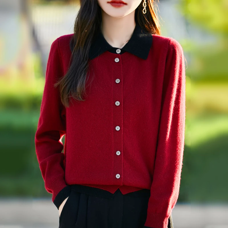 秋冬polo领100%纯羊毛开衫女长袖宽松显瘦毛衣翻领假两件大码外套