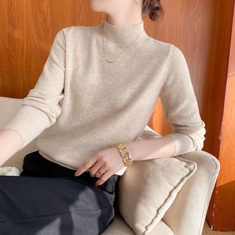 24早春新款半高领纯羊毛衫女薄款宽松毛衣羊毛针织打底衫内搭上衣