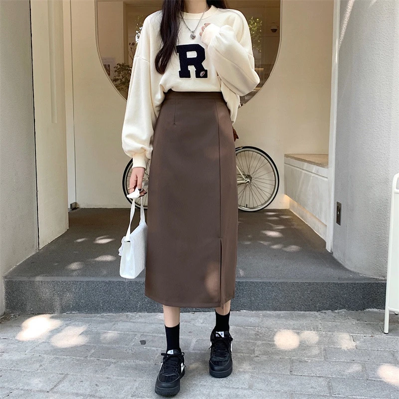 前开叉毛呢半身裙女冬中长款高腰a字裙显瘦百搭包臀裙子2022新款