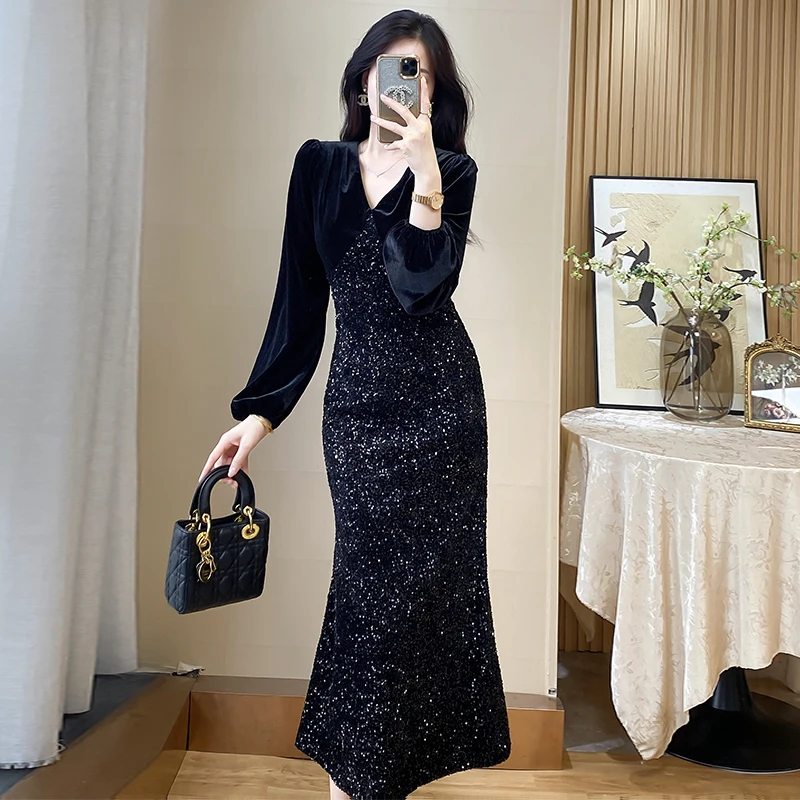 法式修身连衣裙秋冬新款宴会晚礼服鱼尾亮片蕾丝长裙气质显瘦裙子