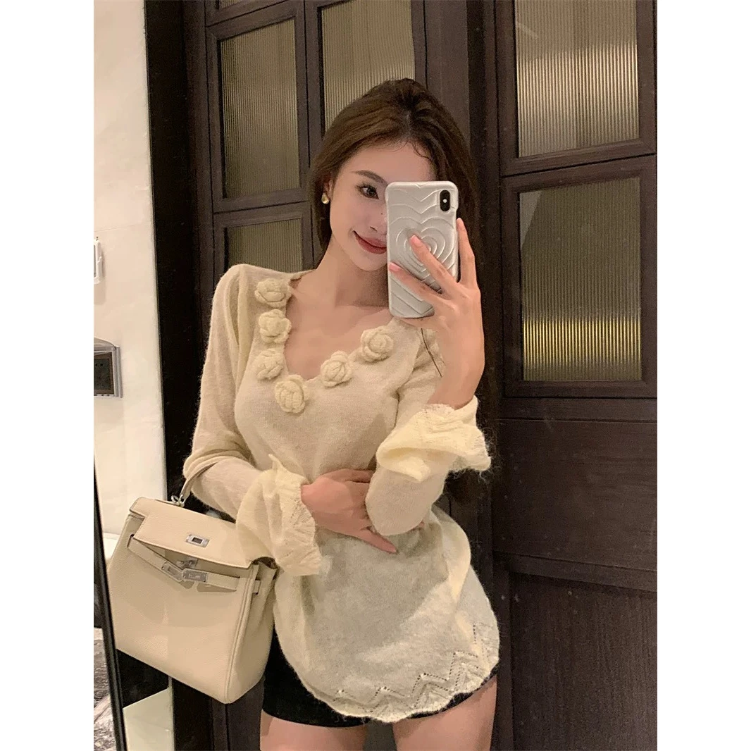 24气质修身柠檬绿茶纯欲风立体花朵毛衣女士秋冬设计感毛针织衫