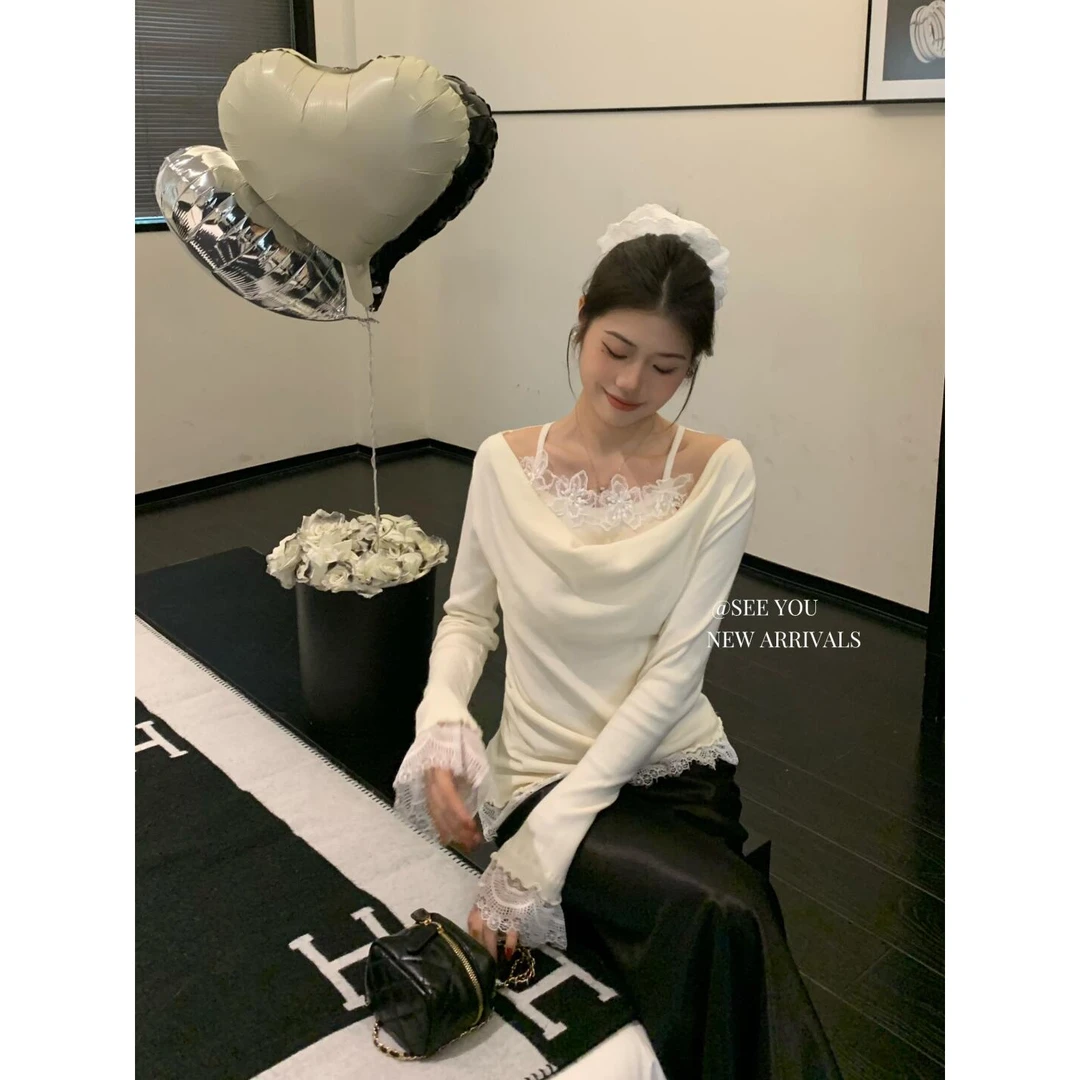 甜辣妹风设计感蕾丝拼接针织衫女装冬季杏色修身长袖上衣