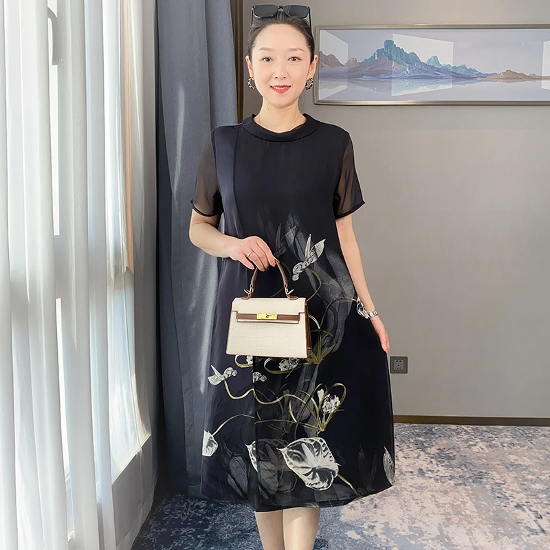 SL妈妈夏装连衣裙中年女短袖长裙40岁50中老年显瘦裙子薄款5539