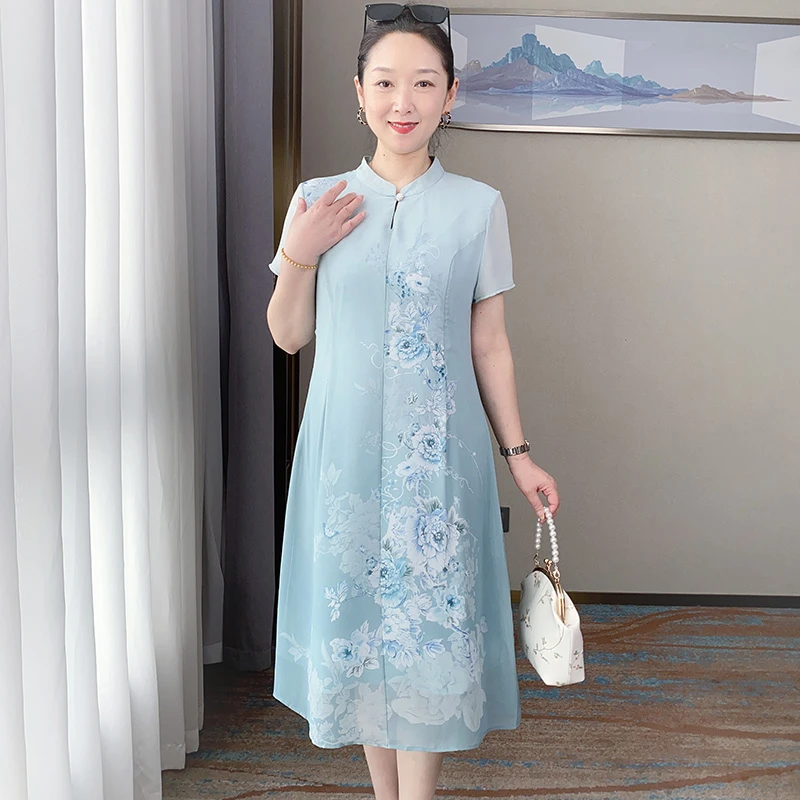 妈妈夏装气质雪纺连衣裙新款中年女国风裙子中老年遮肚子长裙585