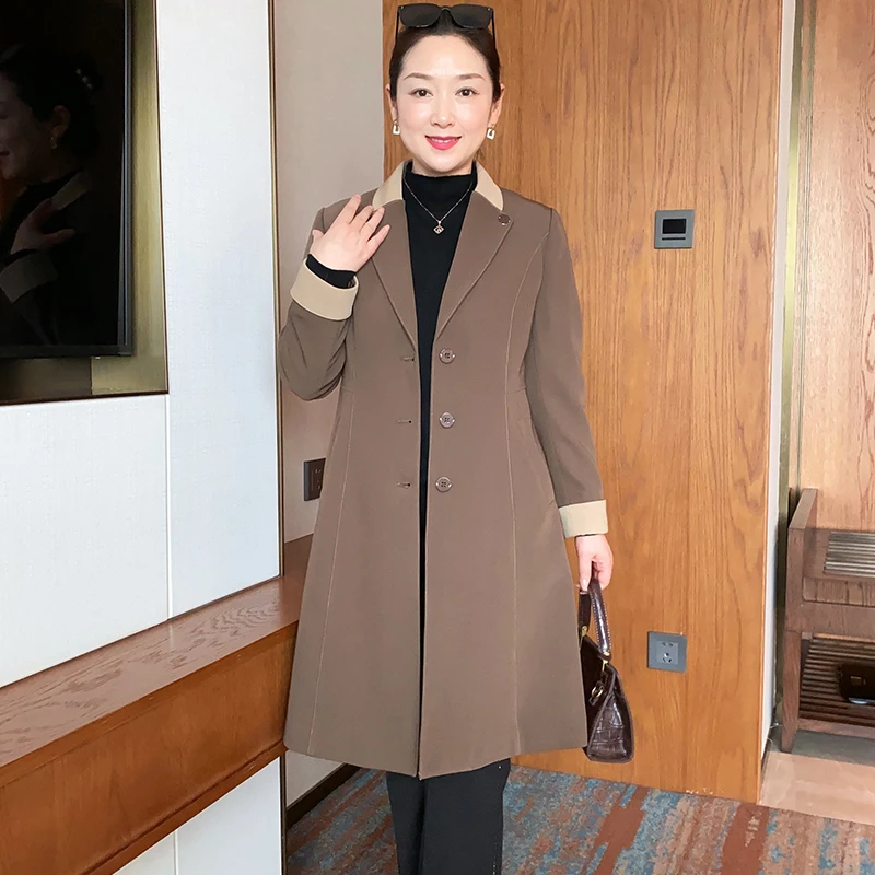 SL-2023妈妈春装新款外套中老年休闲风衣中长款纯色气质上衣23A01