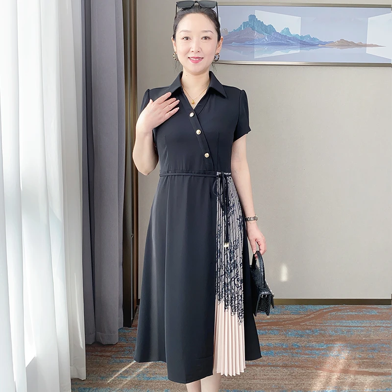 SL妈妈夏装中长款连衣裙中老年女大码收腰裙中年时尚宽松裙18107