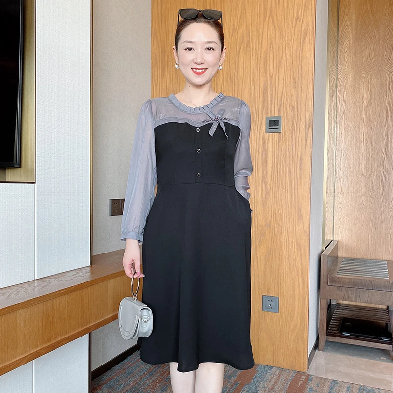 SL气质妈妈秋装纯色连衣裙中年女长袖裙子40阔太太长裙新款22B02