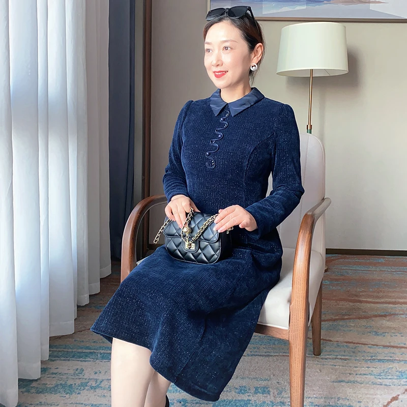 SL妈妈冬装气质长款连衣裙中老年女洋气长袖显瘦圆领裙子22B63