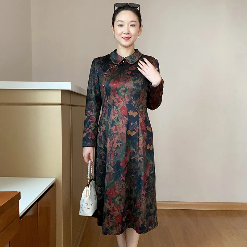 SL2023新款妈妈秋装气质连衣裙中老年女花色洋气收腰显瘦裙子2367