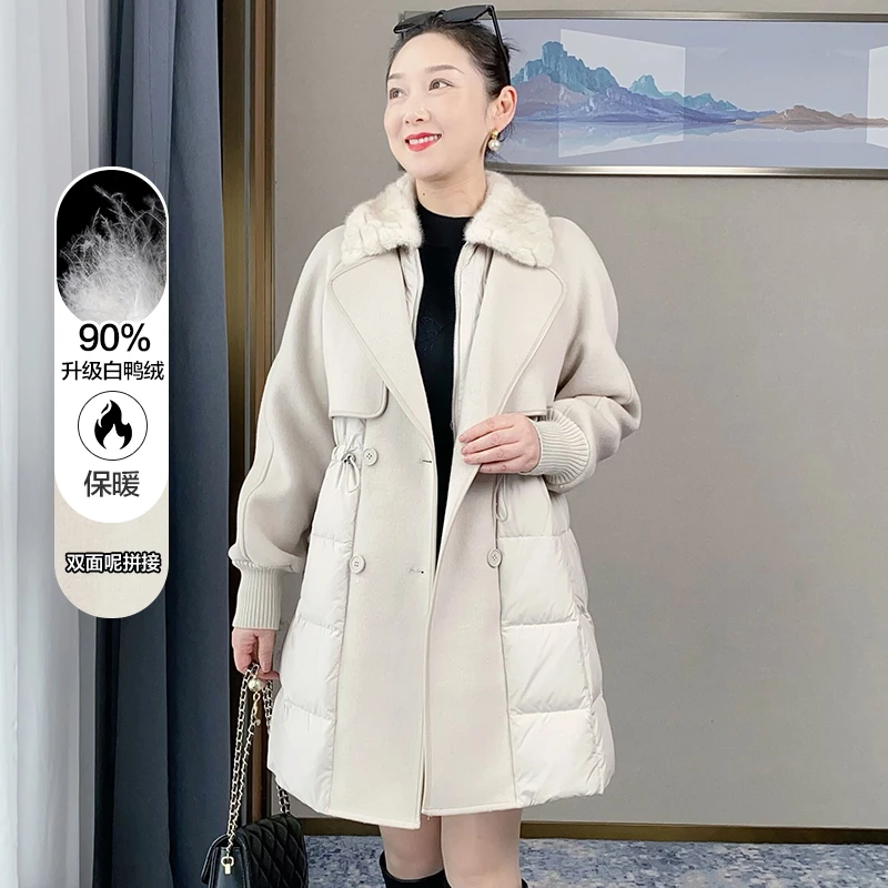 SL妈妈冬装双面呢拼接羽绒服中年女洋气防寒保暖时尚厚外套53087