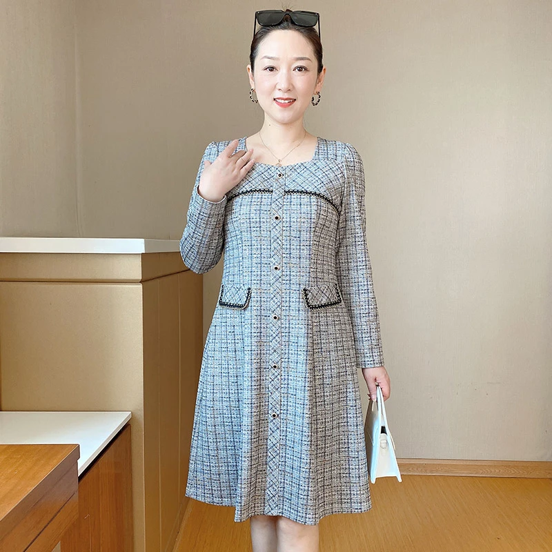 SL妈妈秋装新款气质小香风中长款连衣裙中年女洋气长袖裙子22B52