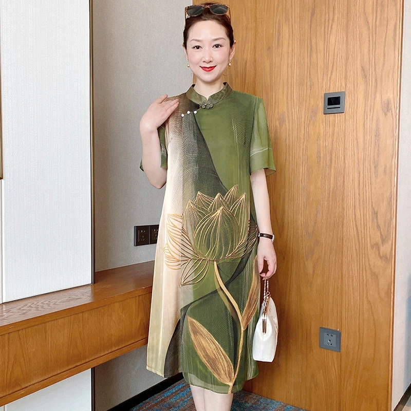 SL妈妈夏装气质宽松连衣裙中年女洋气印花裙子中年大码国风裙8839