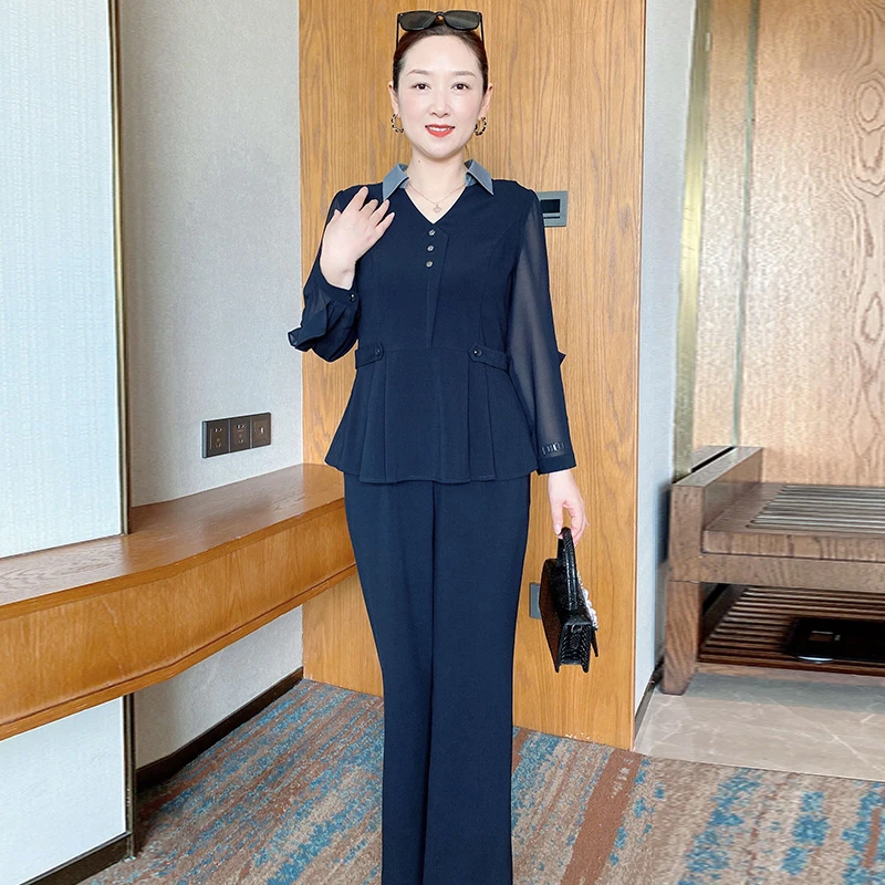 SL妈妈春装气质长袖套装中年洋气上衣中老年女装显瘦两件套C2205