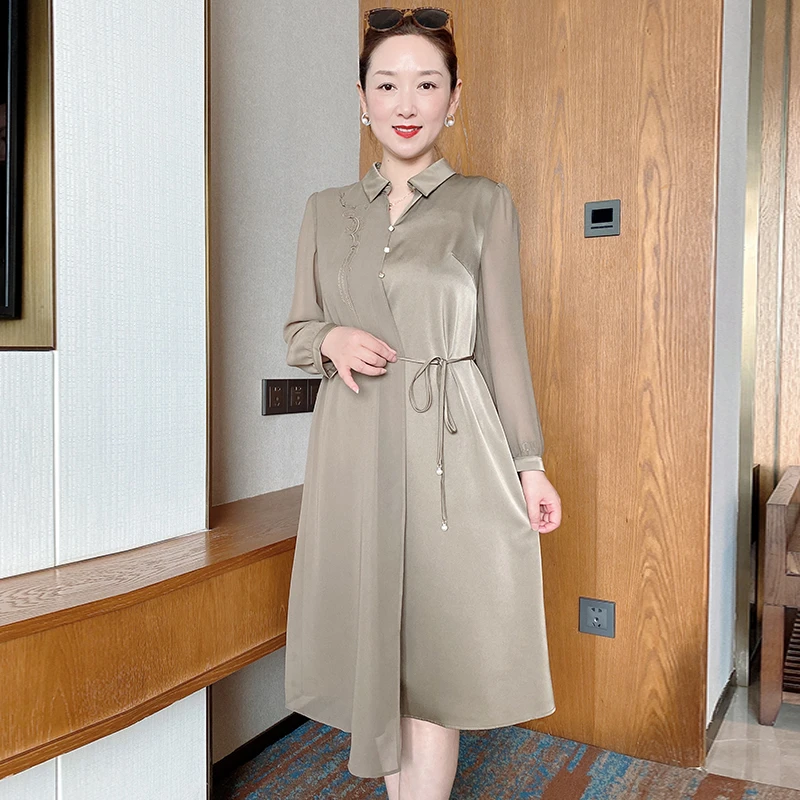 SL妈妈春季新款长袖连衣裙中年女装洋气裙中老年漂亮裙子2022B009
