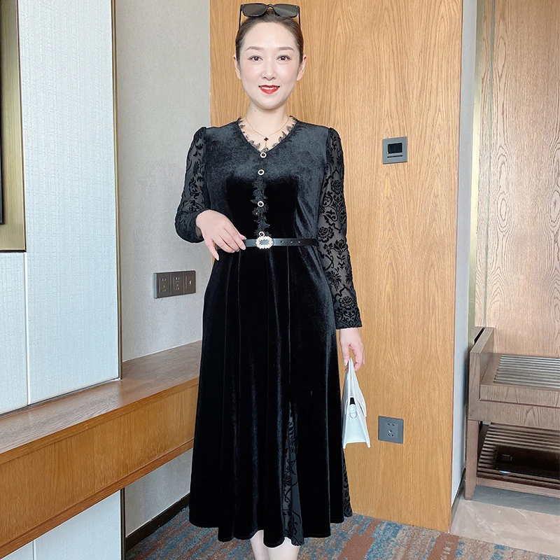 SL妈妈2022年秋季新款丝绒连衣裙中年女洋气收腰中长款裙子2618
