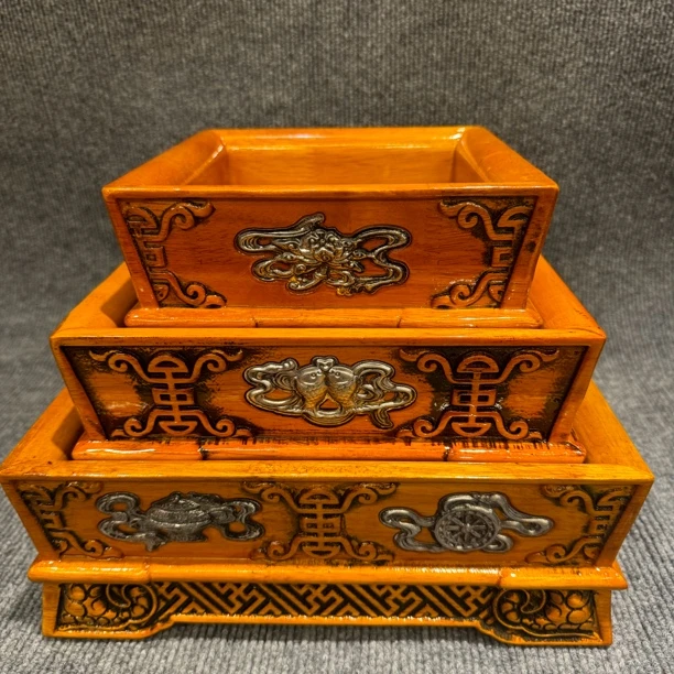 新款实木贴铜八宝正方形果盘