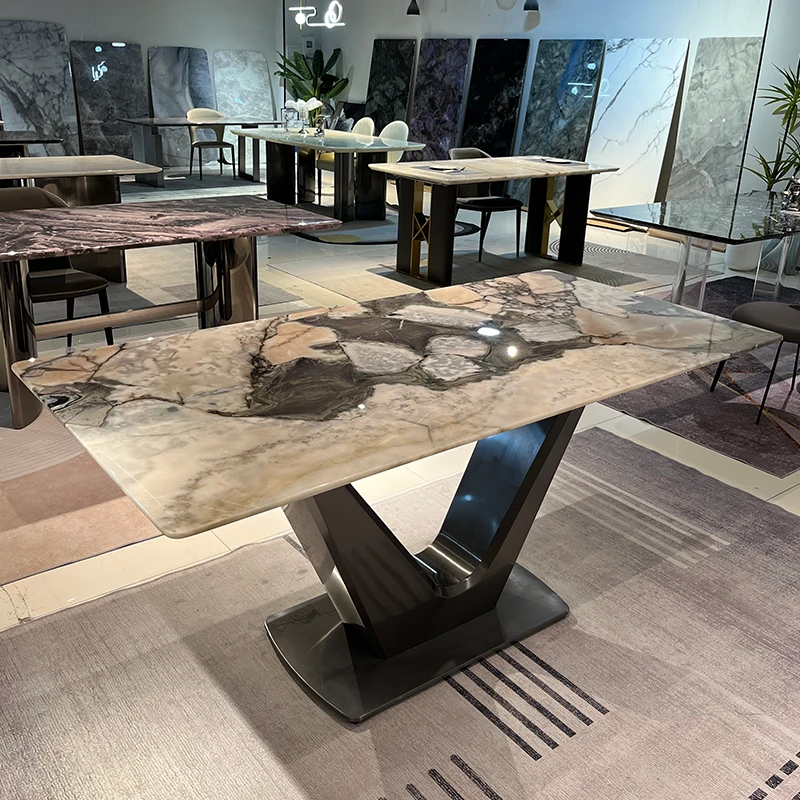 大象白进口奢石餐桌轻奢超晶石长方形餐桌椅简约别墅饭桌松弛感