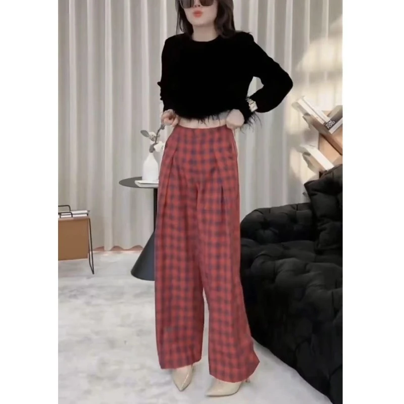 23655网红爆款女2023新款洋气短款长袖上衣高腰格纹休闲裤时尚女