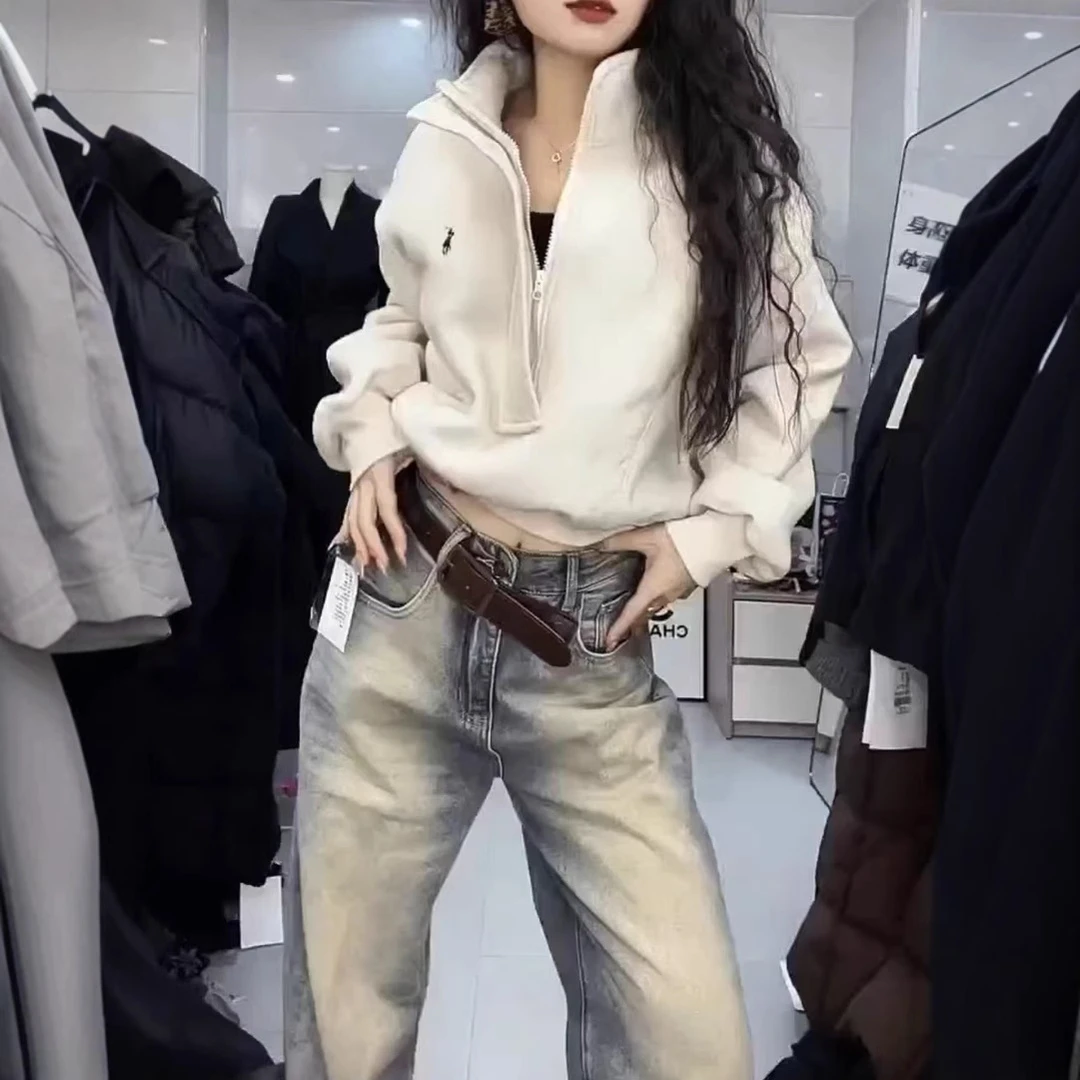 2025秋季新款长袖立领宽松白色休闲卫衣高腰宽松直筒牛仔裤女潮流