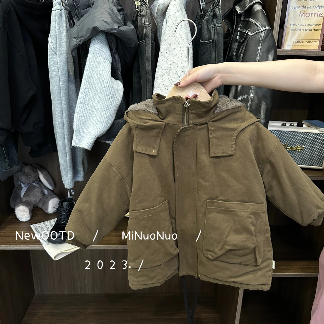 儿童装男童冬装棉衣外套2023新款中小童中长款男孩加厚连帽棉服韩