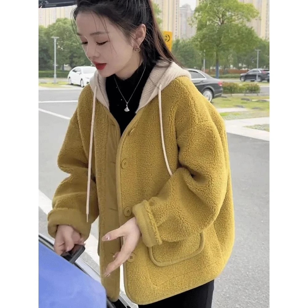 羊羔毛皮毛一体加厚连帽外套女秋冬季新款宽松显瘦小个子百搭上衣
