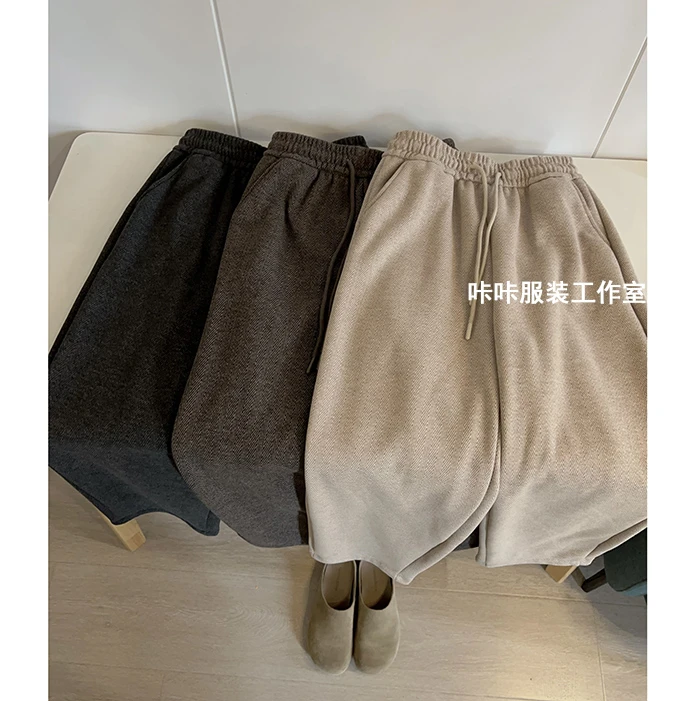 REKAYYAT”加绒旅途“人字纹松紧腰抽绳设计感时尚百搭九分奶奶裤