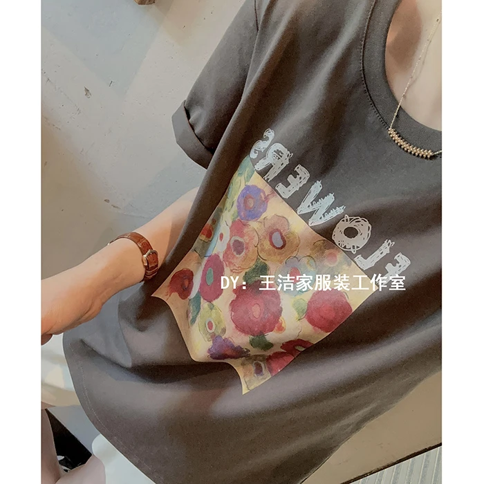 REKAYYAT《花语》减龄复古晕染油画风宽松百搭显瘦圆领印花T恤