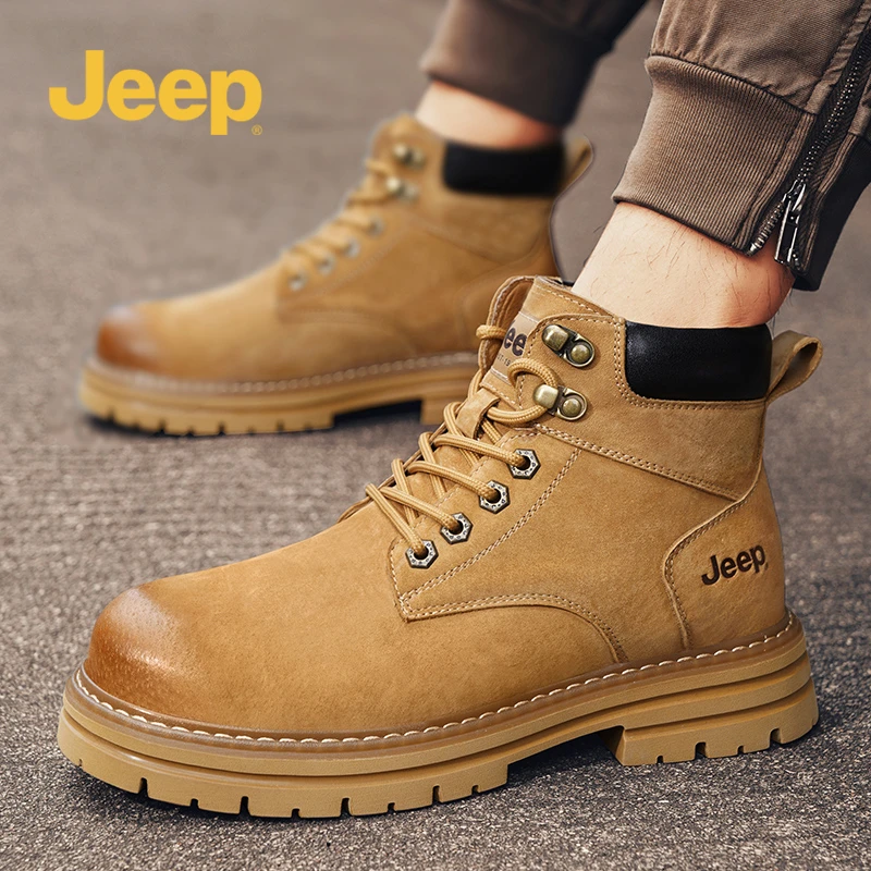 jeep吉普马丁靴男鞋2025秋季英伦中帮皮面大黄靴雪地保暖工装靴子