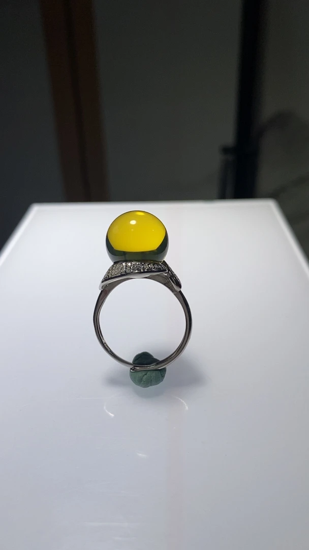 天然缅甸琥珀净水金蓝圆珠925银戒指