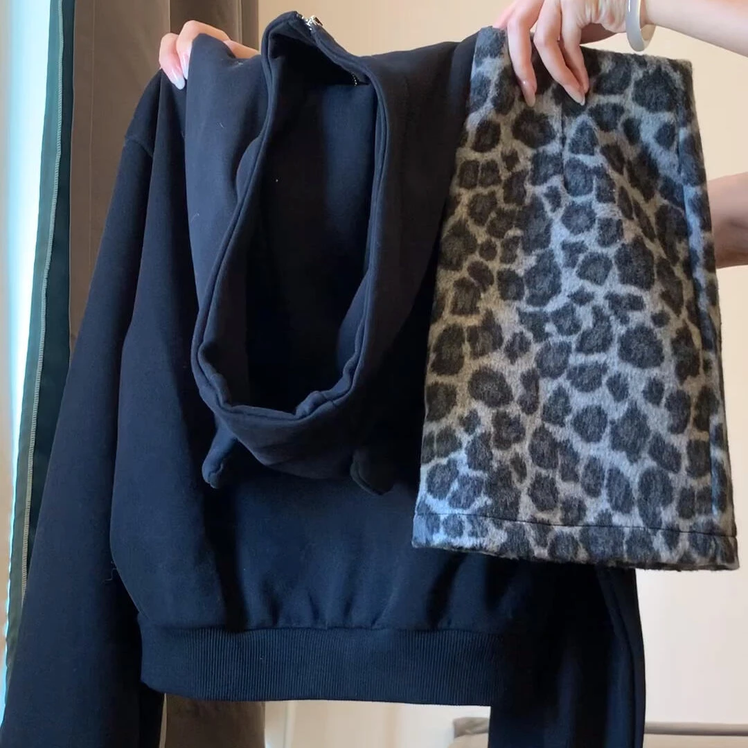 2025早秋新款韩系黑色小恶魔连帽短款卫衣外套气质高腰豹纹半身裙