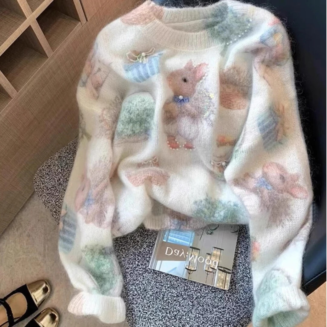 2025早秋新款甜美千金风兔子绣花设计感圆领长袖宽松毛衣针织上衣