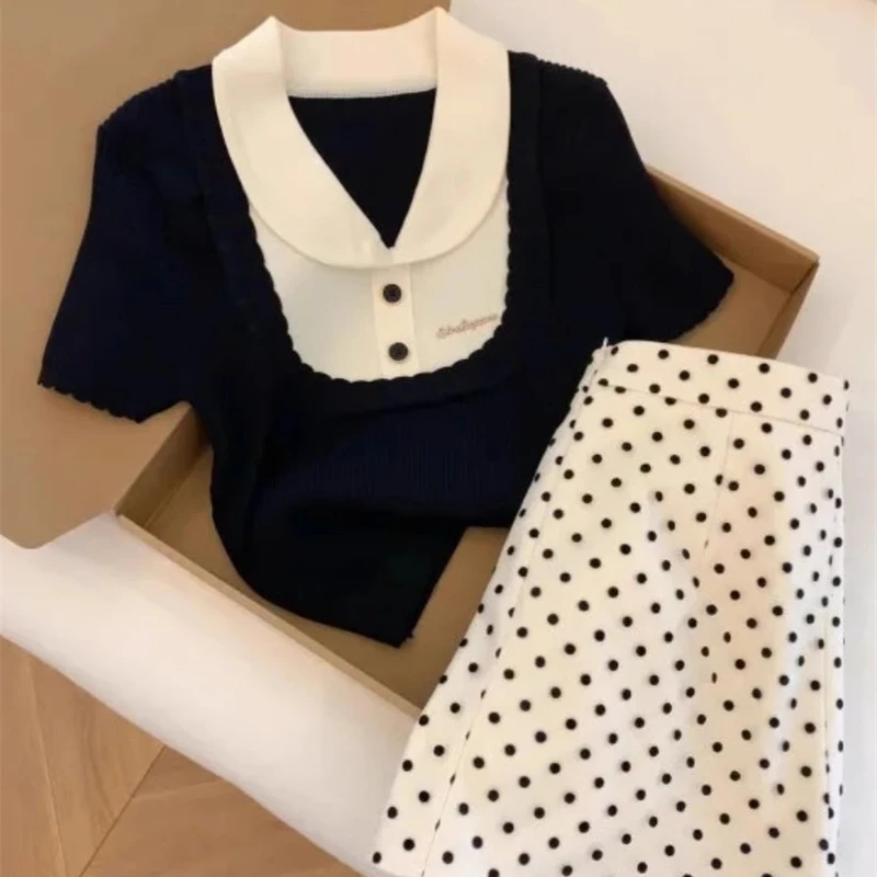 夏装新款穿搭小香风休闲风格女时尚针织上衣波点短裙韩剧女主穿搭