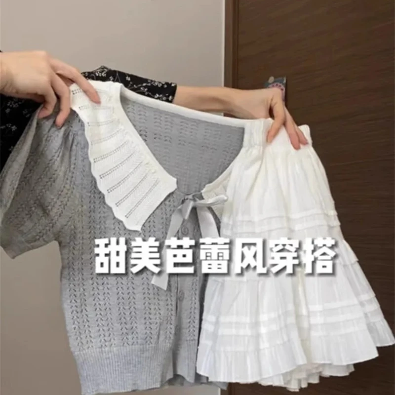 夏装新款搭配奶系时尚娃娃领拼接针织上衣纯色蛋糕蓬蓬裙韩剧穿搭