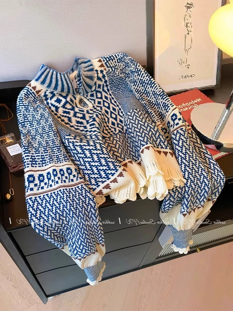 立领民族风别致套头毛衣女士宽松慵懒风高级感上衣独特气质针织衫