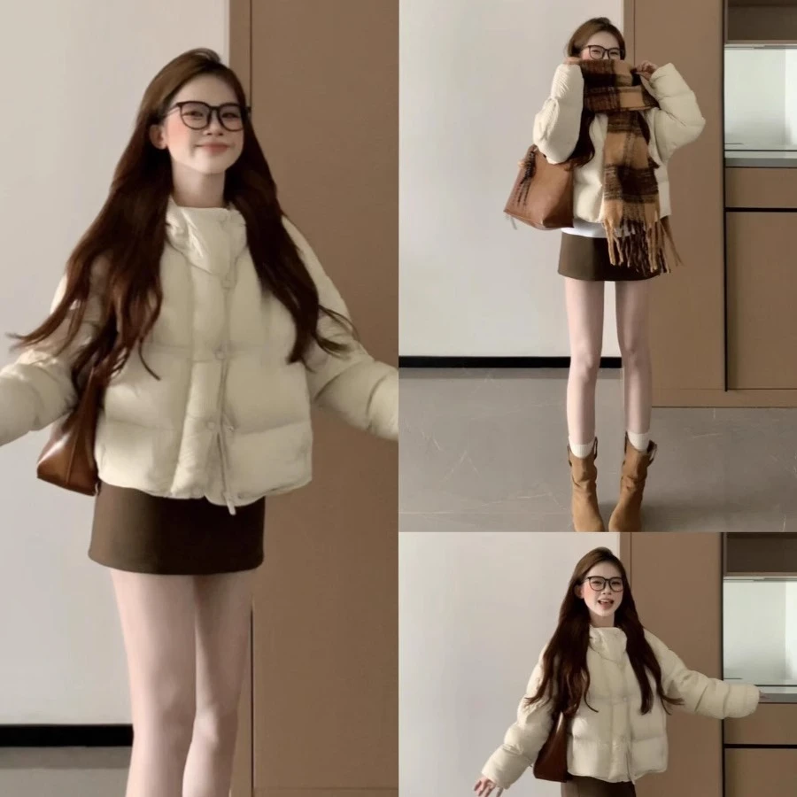 秋冬搭配一整套韩系穿搭高级感套装女减龄面包棉服外套短裙两件套