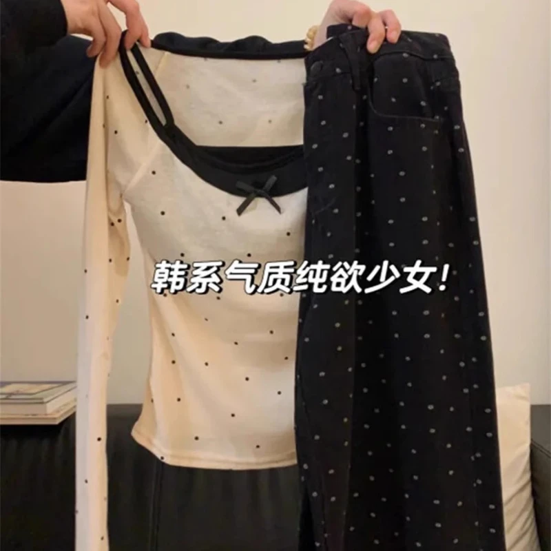 2025新款夏季氛围感韩剧女主穿搭盐系少女纯欲叠穿上衣吊带牛仔裤