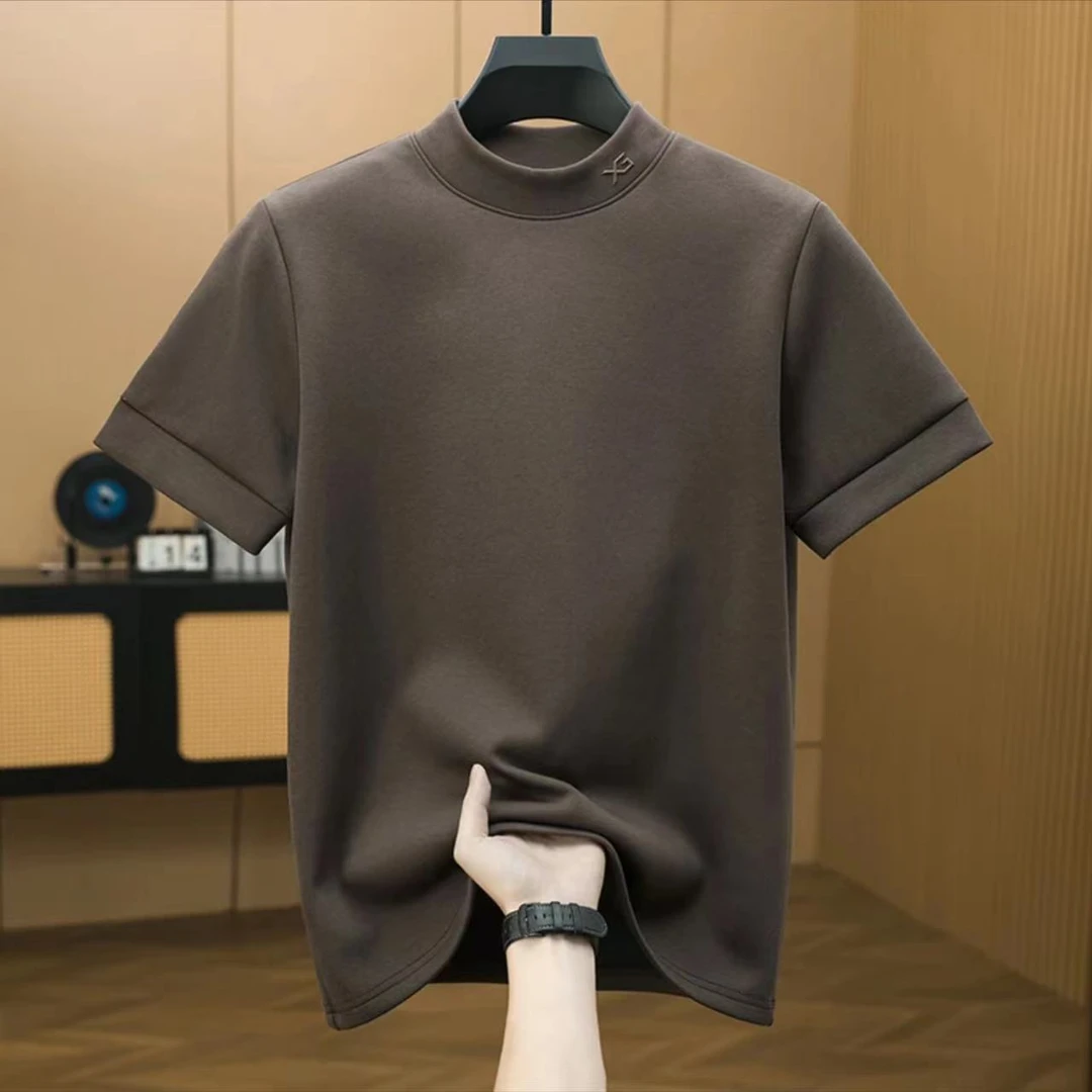 【曼巴棉】秋冬季短袖半高领打底衫男士纯色内搭上衣服半袖休闲T恤